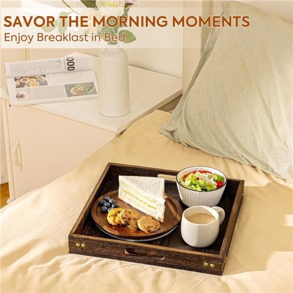 Wood serving tray with handles square decorative coffee table ottoman kitchen tr - Picture 5 of 7